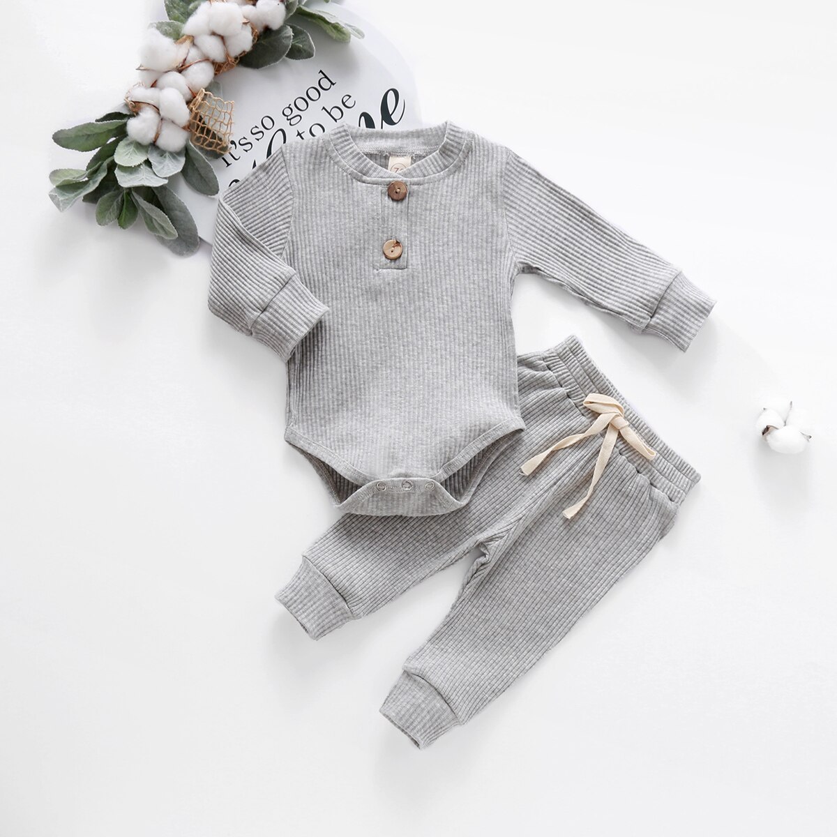 Baby Solid Clothes Long Sleeve Romper and Pants Set